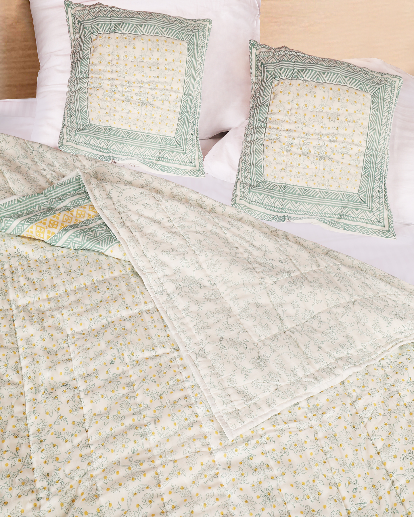 White Hand Block Printed Reversible Double Bed Quilt Set with Hand Quilting
